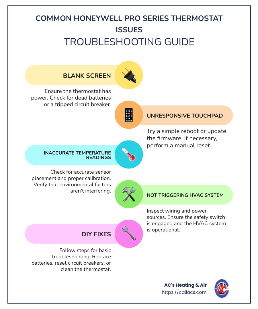 Checklist for troubleshooting Honeywell Pro Series thermostat issues - honeywell pro series thermostat not working infographic infographic-line-5-steps-colors