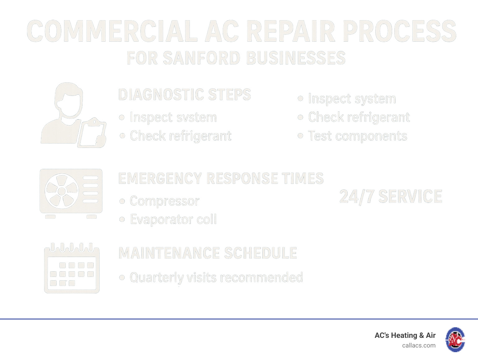 Commercial AC repair process showing diagnostic steps, common failure points, emergency response times, and maintenance schedule recommendations for Sanford businesses - ac repair sanford infographic 