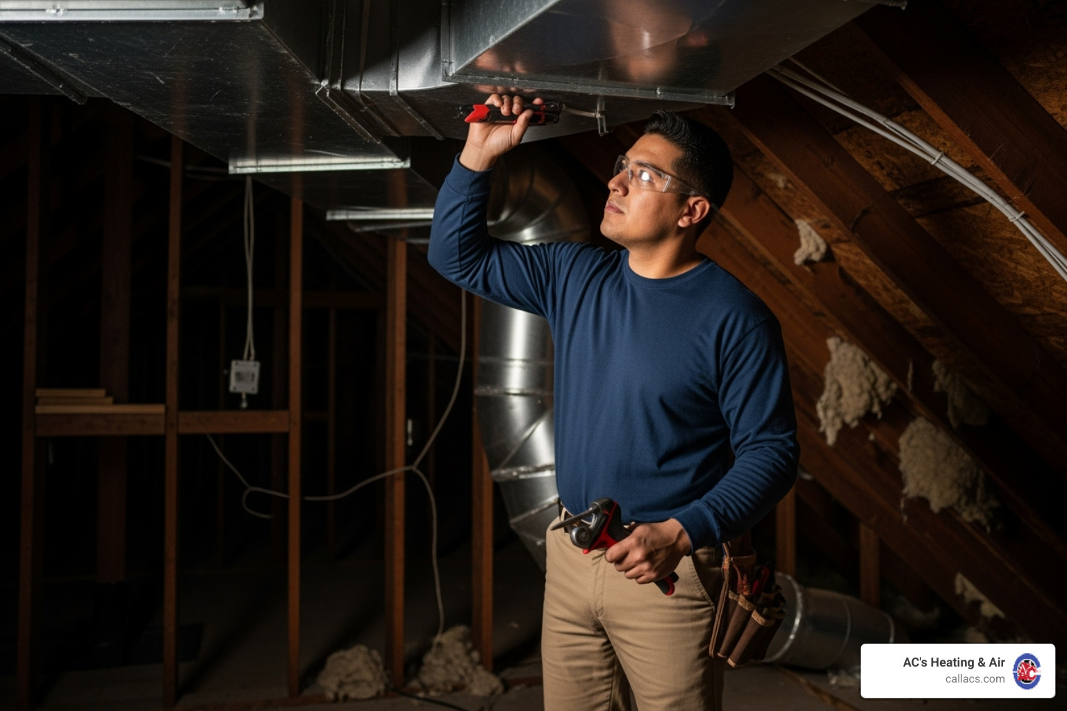 technician inspecting ductwork in an attic - Furnace not warming house