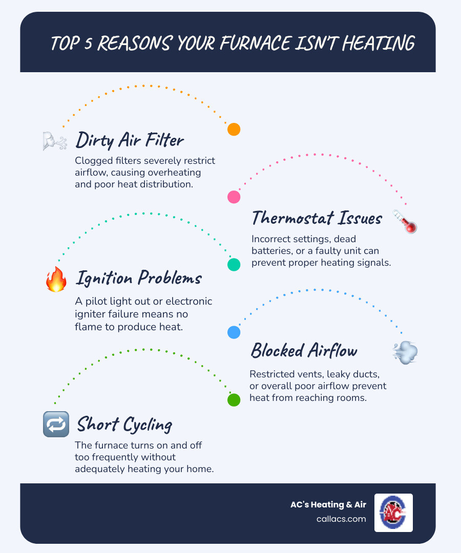 Infographic detailing the top 5 common reasons a furnace might not be warming a house, including dirty air filters, thermostat issues, pilot light or ignition problems, ductwork blockages, and short cycling - Furnace not warming house infographic infographic-line-5-steps-blues-accent_colors