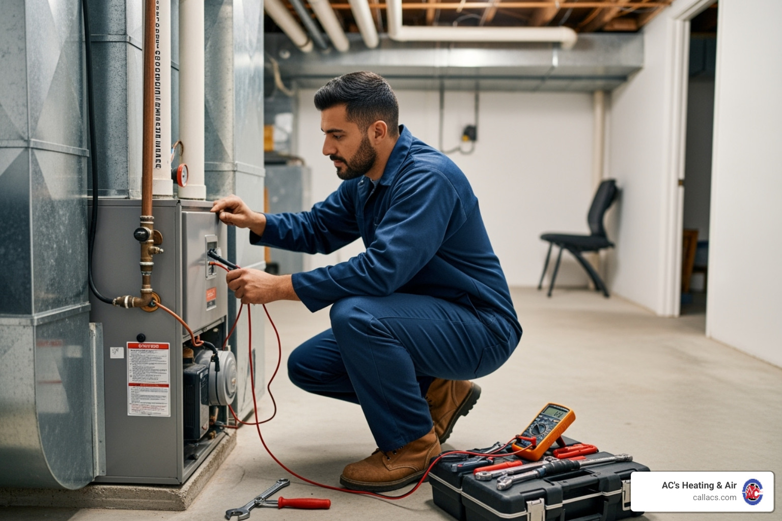 An HVAC technician performing furnace maintenance - gas ducted heating not turning on