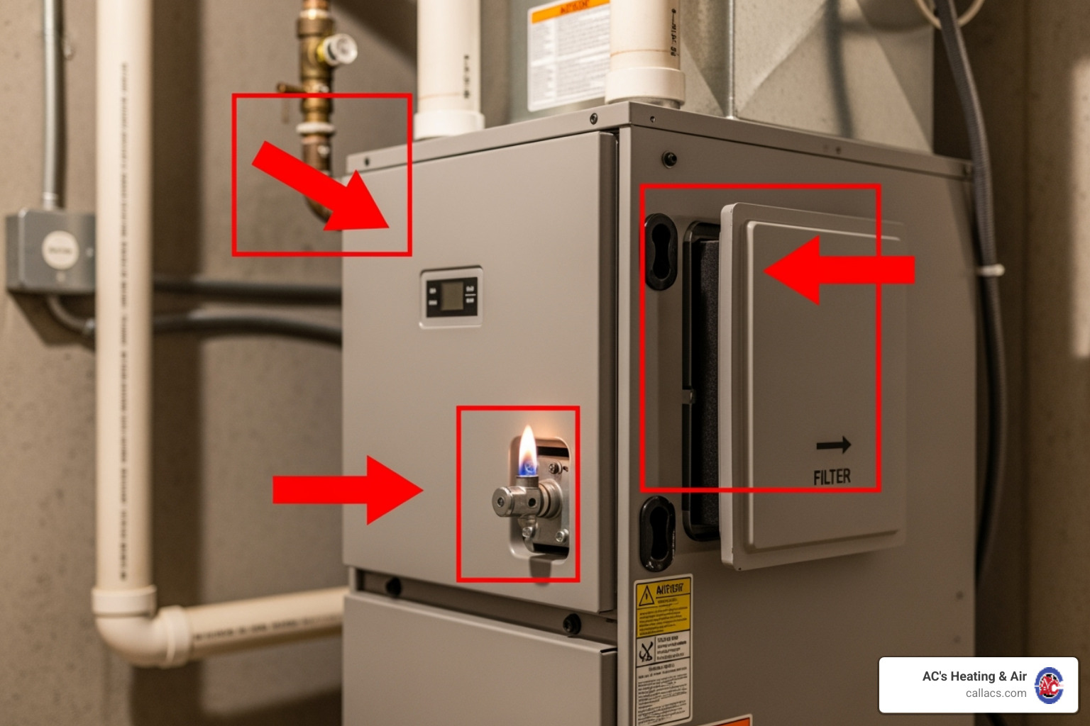 A furnace unit with arrows pointing to key components like the pilot light and filter - Furnace service Orlando