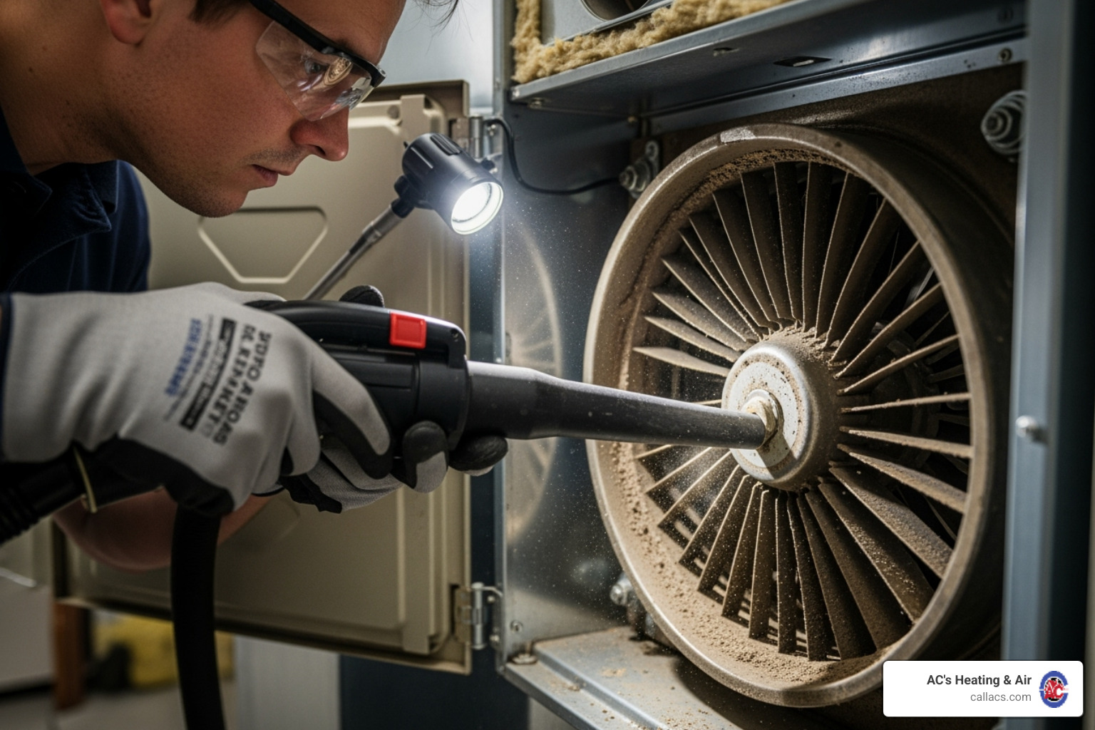 A technician cleaning a furnace blower assembly - Furnace service Orlando