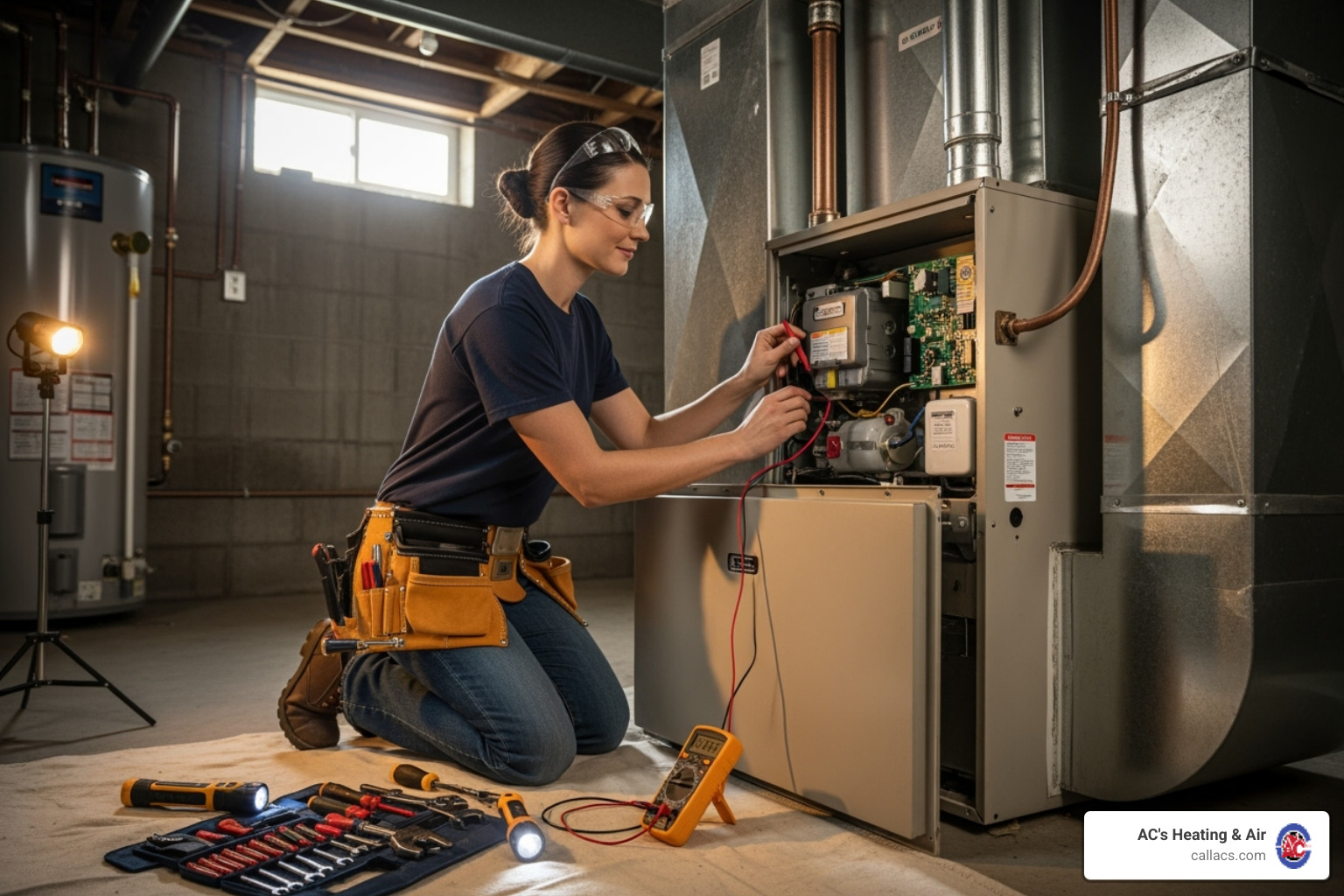 A friendly technician diagnosing a furnace problem - Furnace service Orlando