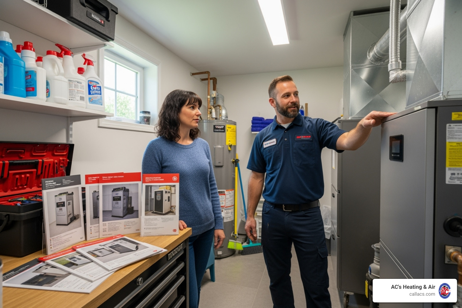 A homeowner discussing furnace options with a technician - Furnace service Orlando