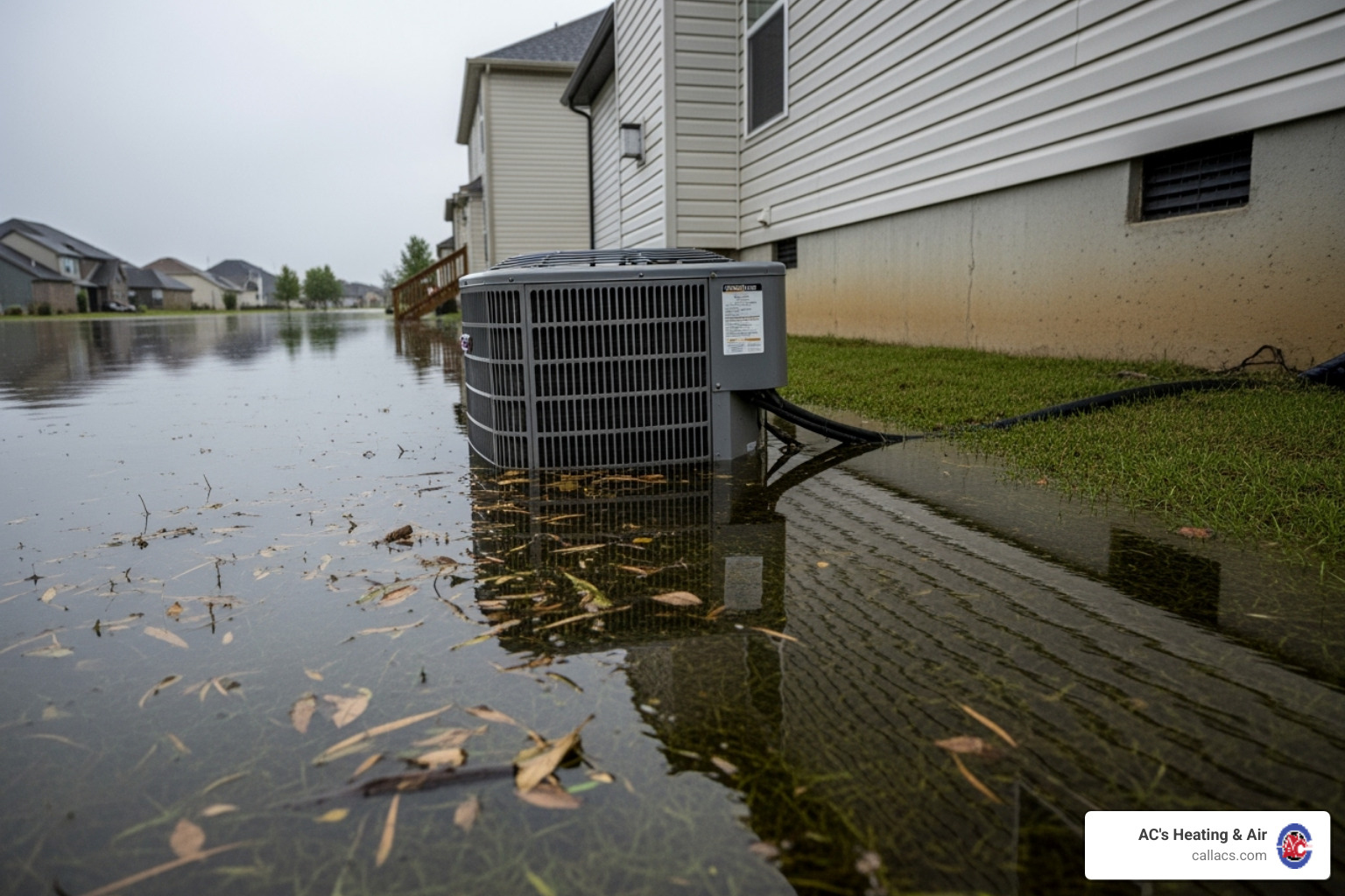 A flooded outdoor AC unit next to a home - hvac weather damage A flooded outdoor AC unit next to a home - hvac weather damage