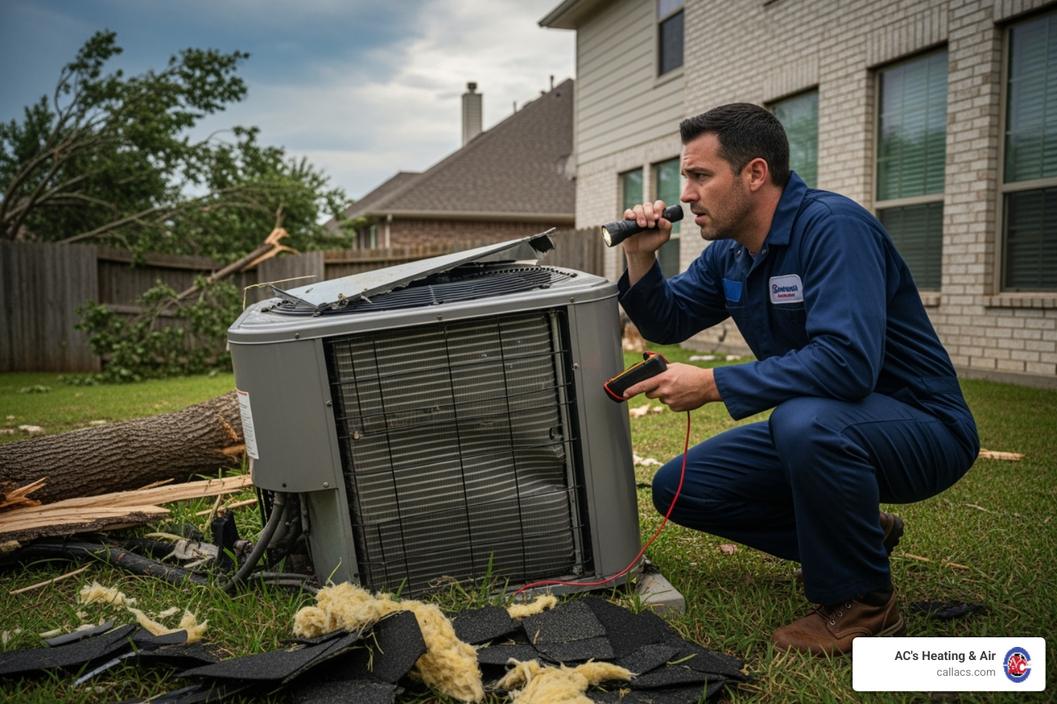 A professional HVAC technician inspecting a storm-damaged unit - hvac weather damage A professional HVAC technician inspecting a storm-damaged unit - hvac weather damage