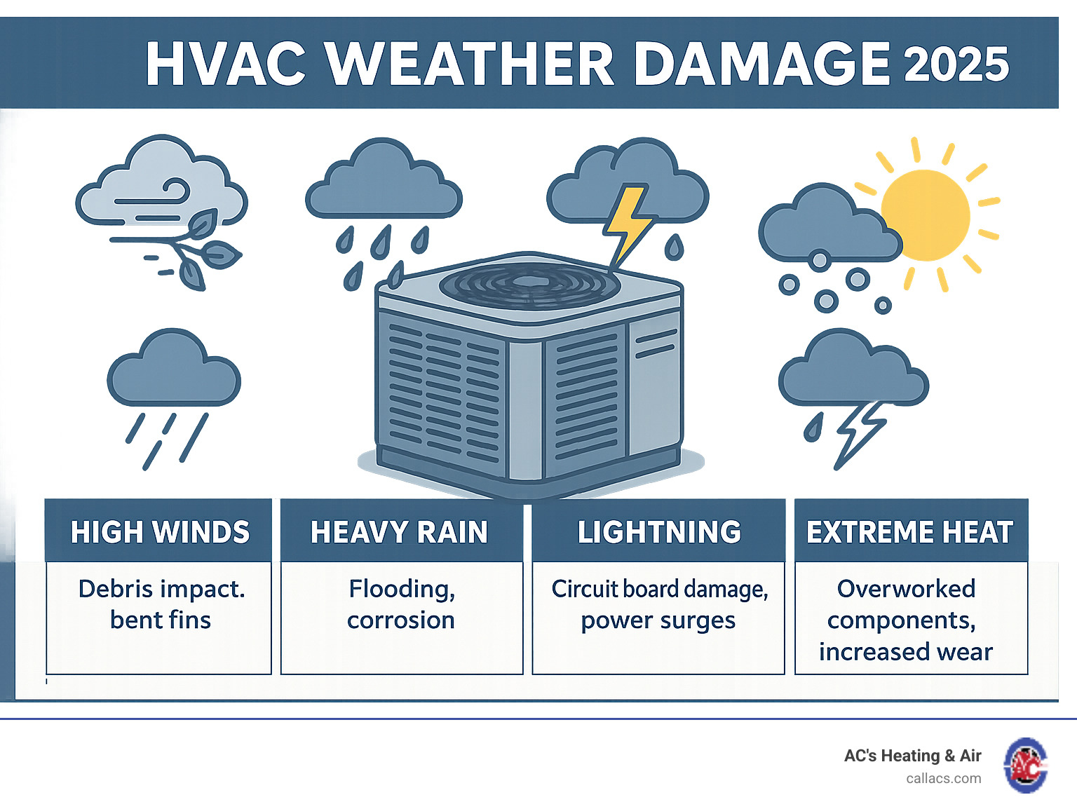 Infographic showing common weather threats to HVAC systems including high winds causing debris impact and bent fins, heavy rain leading to electrical component flooding and corrosion, lightning strikes resulting in circuit board damage and power surges, hail creating dented condenser fins and reduced airflow, and extreme heat causing overworked components and increased wear - hvac weather damage infographic Infographic showing common weather threats to HVAC systems including high winds causing debris impact and bent fins, heavy rain leading to electrical component flooding and corrosion, lightning strikes resulting in circuit board damage and power surges, hail creating dented condenser fins and reduced airflow, and extreme heat causing overworked components and increased wear - hvac weather damage infographic