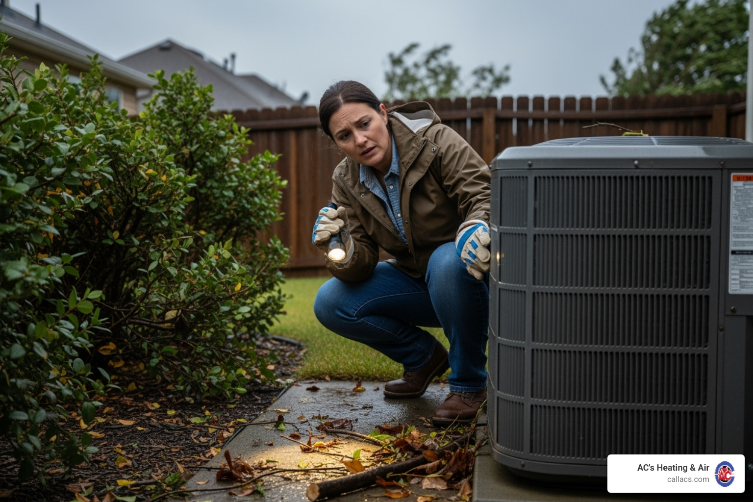 A homeowner carefully inspecting their outdoor HVAC unit after a storm - hvac weather damage A homeowner carefully inspecting their outdoor HVAC unit after a storm - hvac weather damage