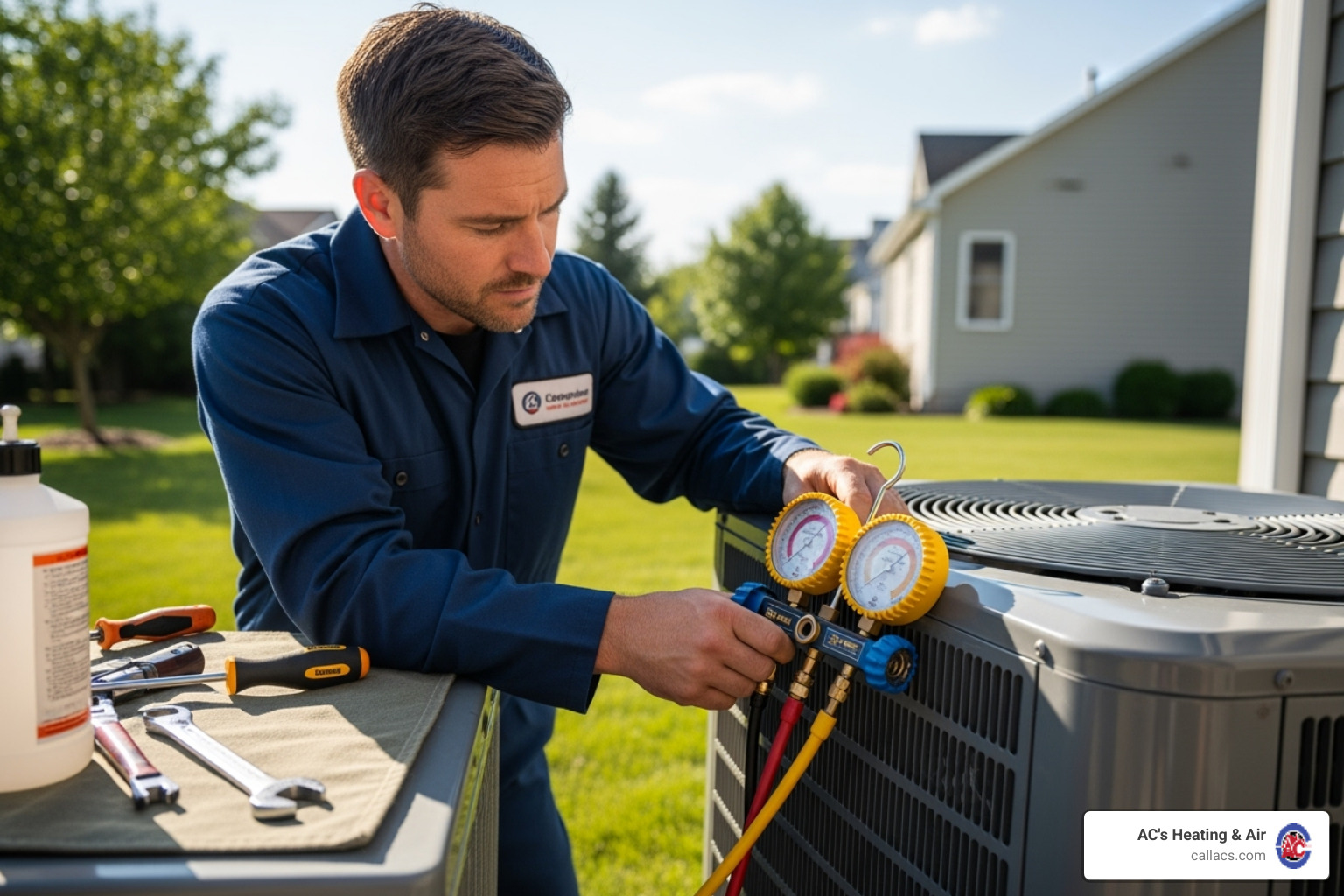 HVAC technician checking refrigerant levels on an outdoor unit - ac unit maintenance checklist HVAC technician checking refrigerant levels on an outdoor unit - ac unit maintenance checklist