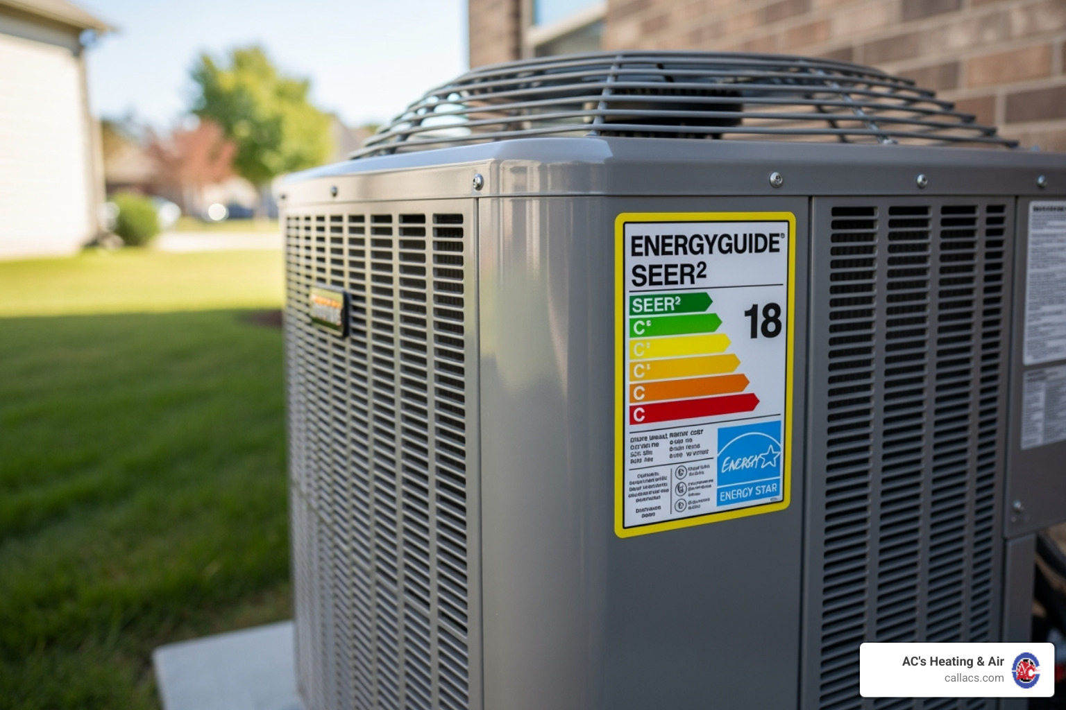 High-efficiency AC unit with a SEER rating sticker visible - typical cost to replace ac unit