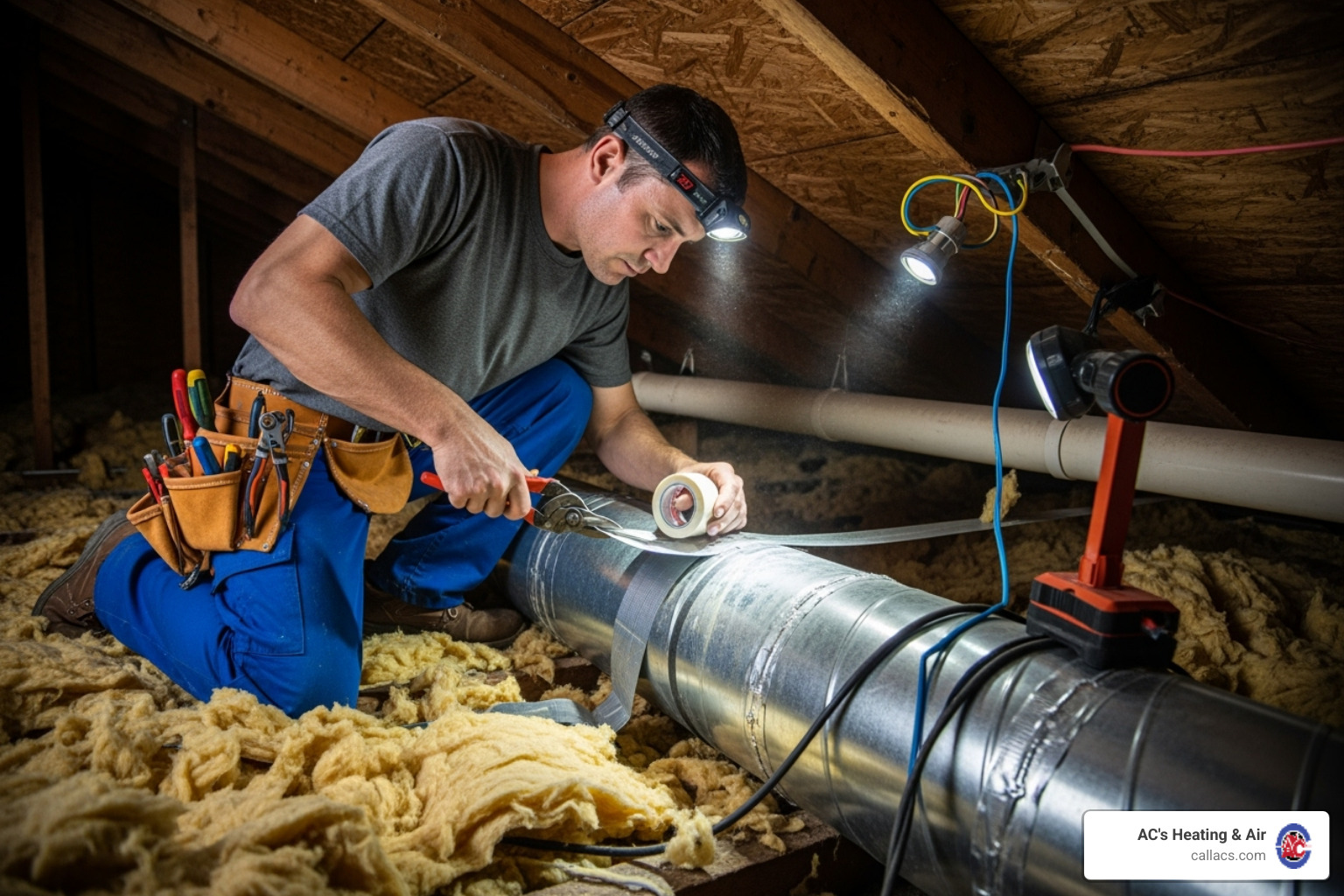 HVAC technician working on ductwork in an attic - typical cost to replace ac unit