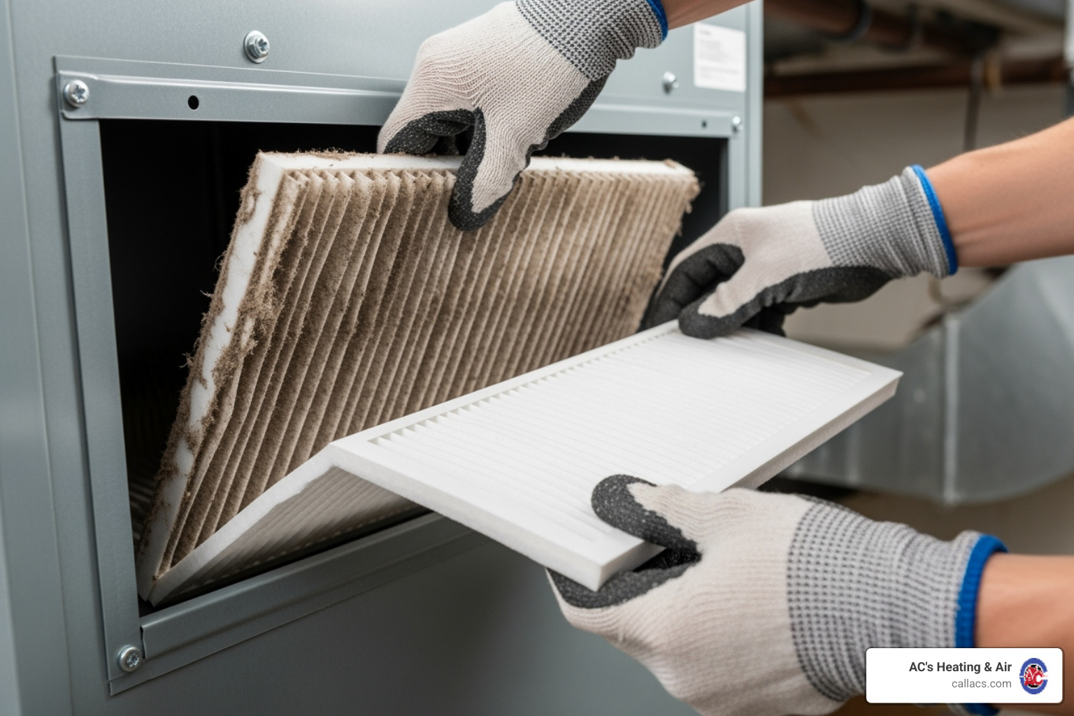A person’s hands removing a dirty, pleated air filter from an HVAC unit and preparing to insert a new, clean filter - home ac system maintenance