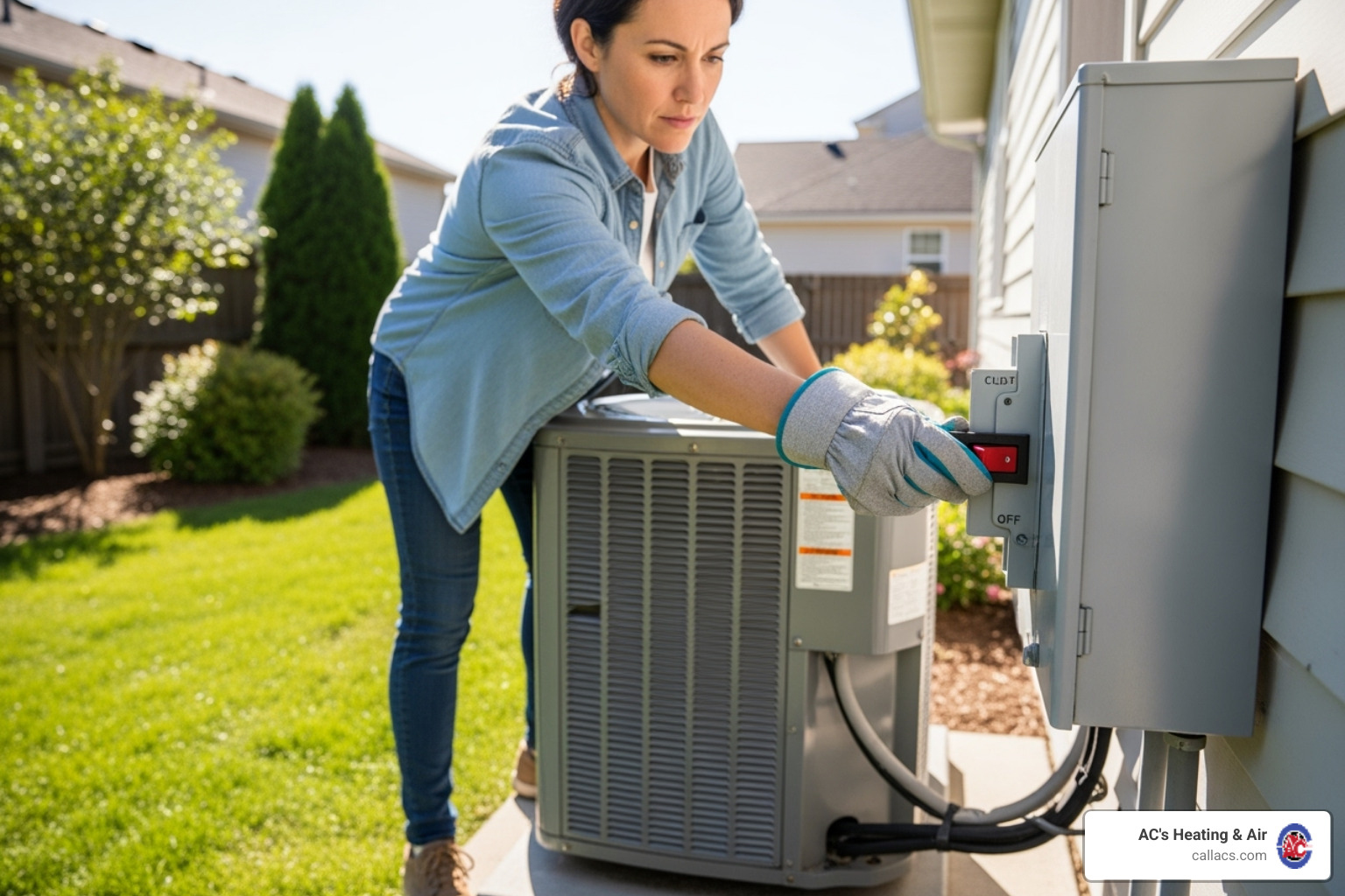 A homeowner carefully turning off the power switch for their outdoor AC unit before performing maintenance - home ac system maintenance