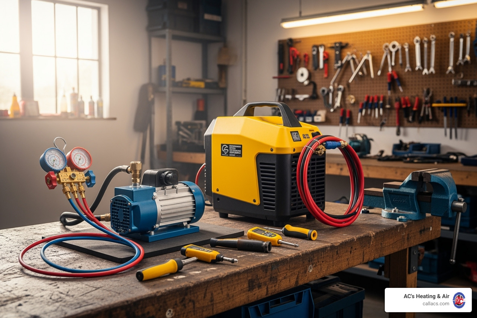 Specialized HVAC tools like a refrigerant recovery machine, vacuum pump, and manifold gauges - ac unit valve replacement