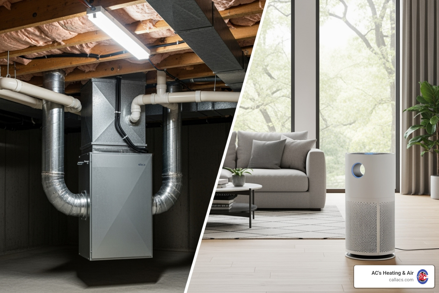 whole-house air purifier installed in an HVAC system versus a portable unit in a room - home air filtration system