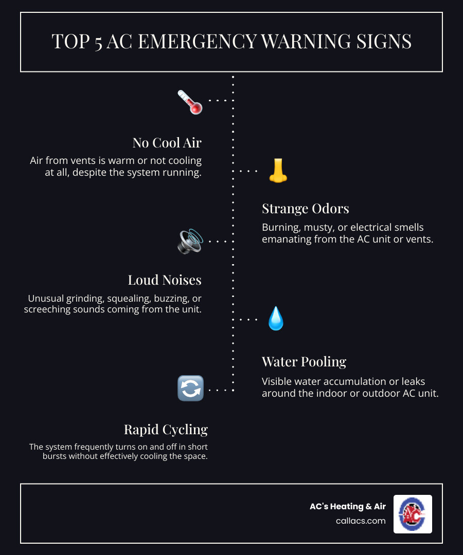 Infographic showing top 5 AC emergency warning signs: no cool air from vents, burning or musty odors, loud grinding or screeching noises, water pooling around unit, and system rapidly cycling on and off - 24 hour AC Orlando infographic infographic-line-5-steps-dark