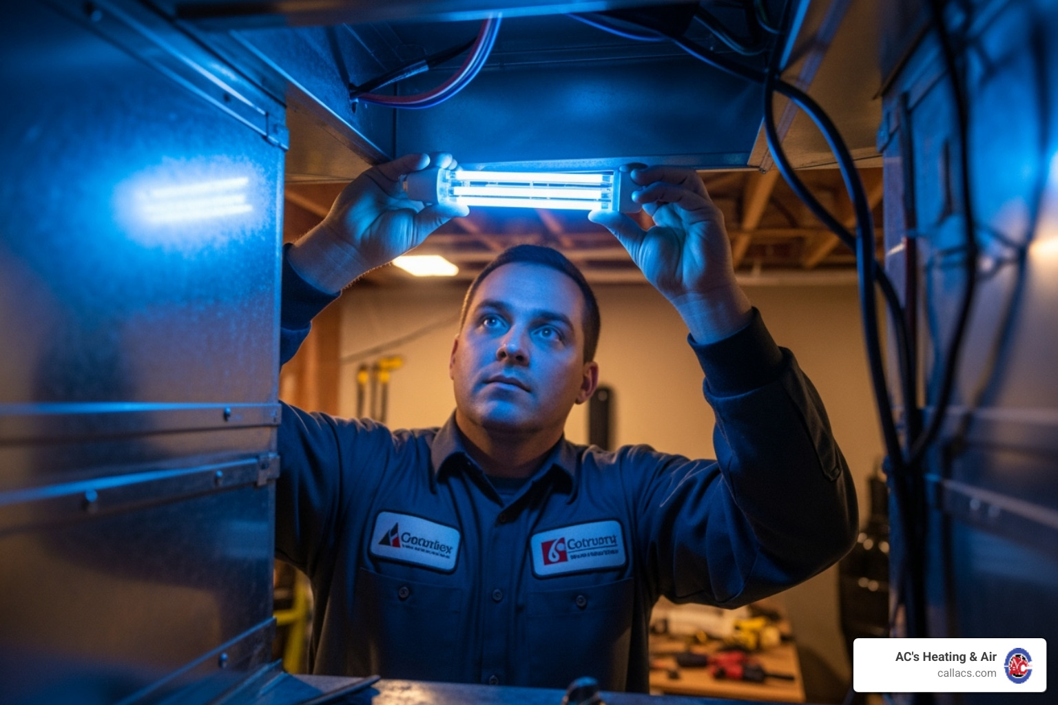 HVAC technician replacing a UV bulb - whole house air purifier with uv light