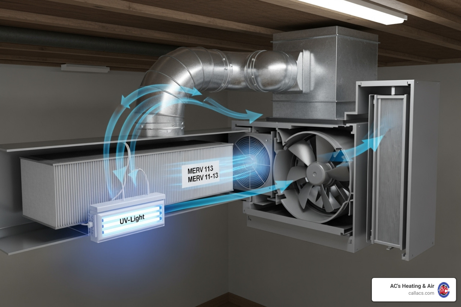 cutaway of an HVAC system with a media filter and a UV light working together - whole house air purifier with uv light