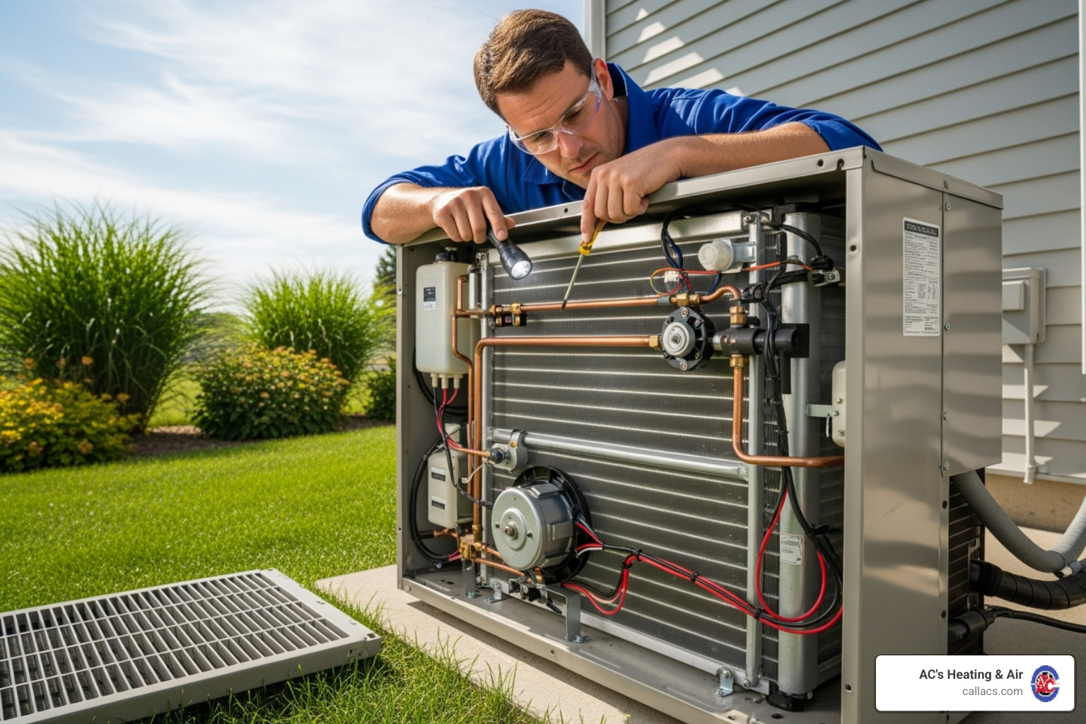 technician inspecting internal components of condenser unit - air conditioner compressor not working