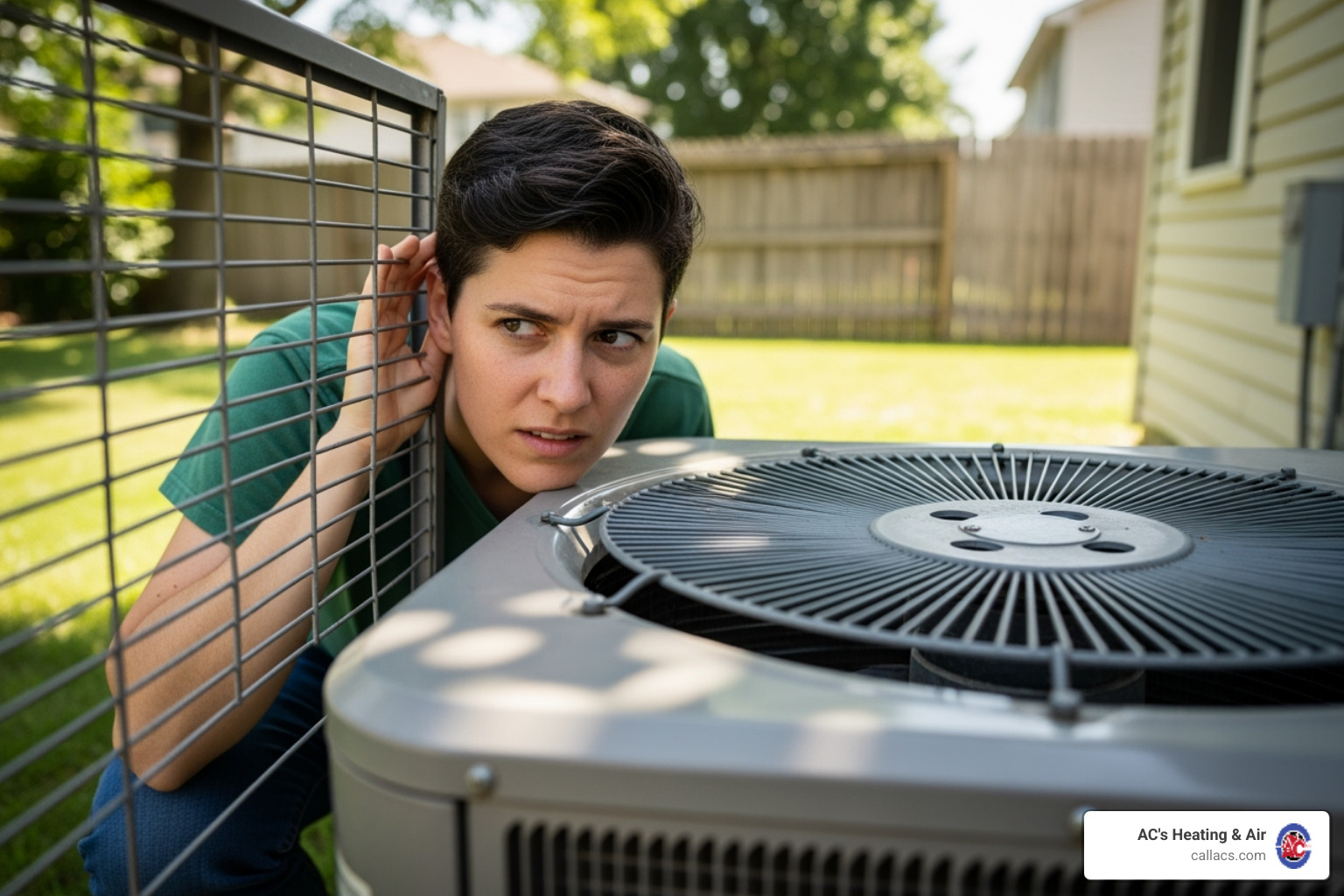 person listening to noisy outdoor AC unit - air conditioner compressor not working