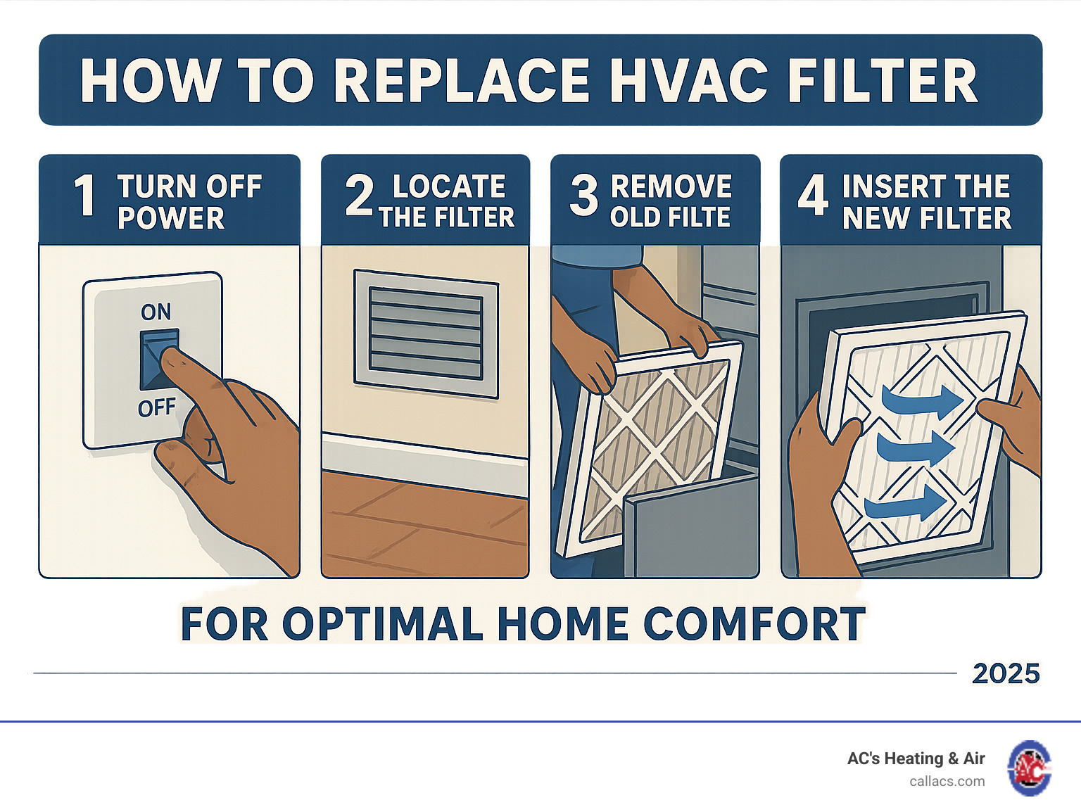 Step-by-step HVAC filter replacement process showing safety steps, filter location identification, proper removal technique, correct installation with airflow arrows, and system restart procedures for optimal home comfort - how to replace hvac filter infographic 