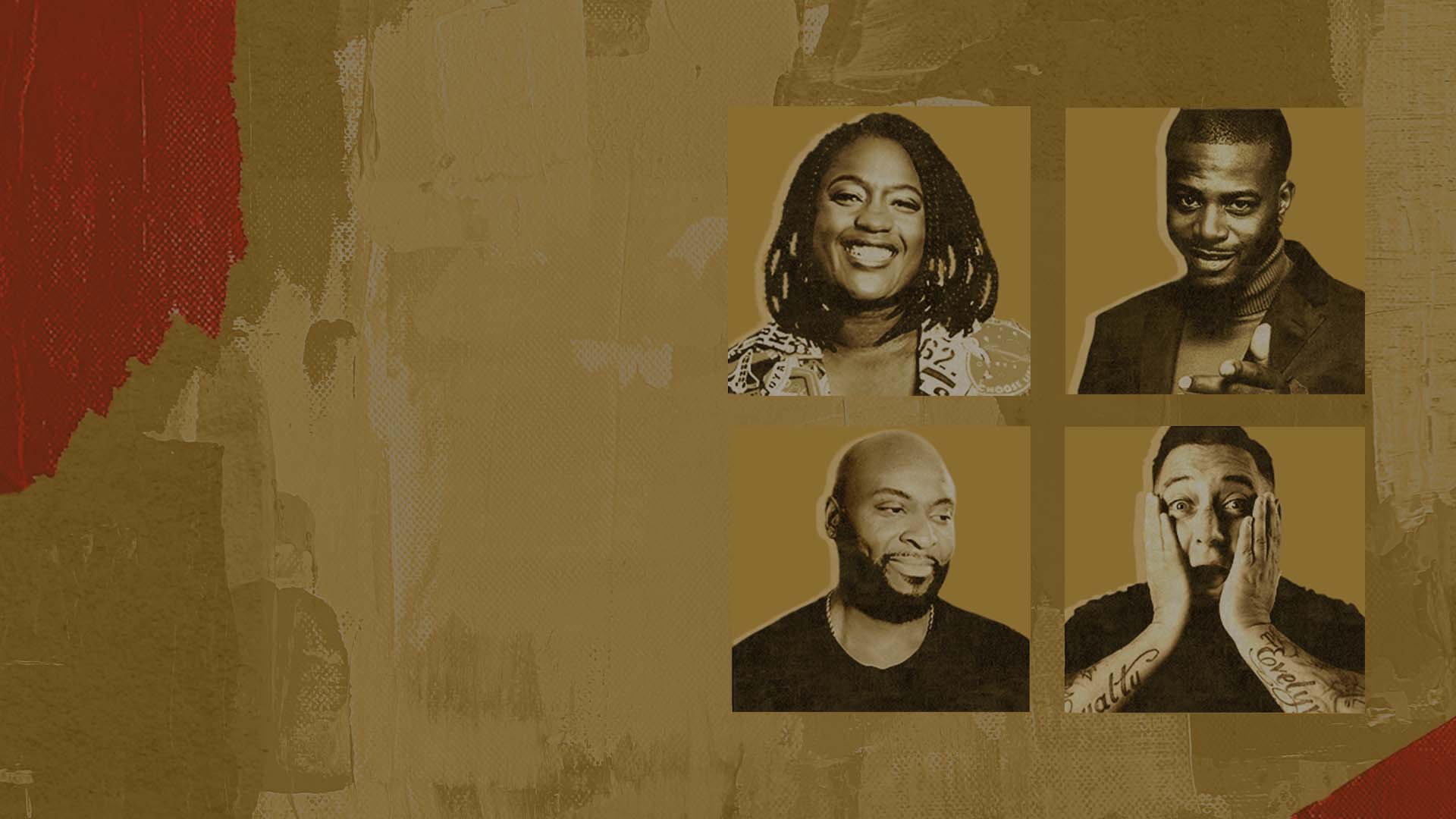 Four featured comedians shown in a portrait collage for Apollo’s March Comedy Club.