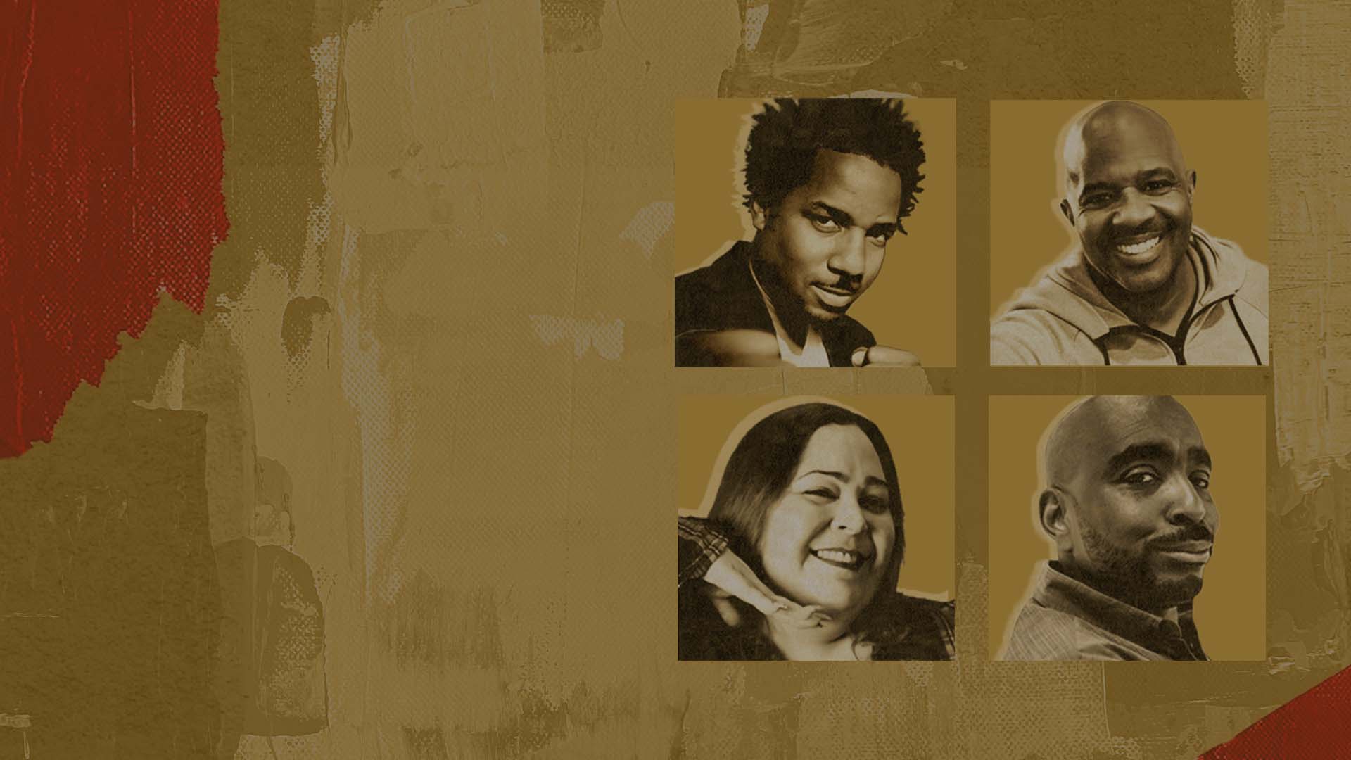 Four featured comedians shown in a portrait collage for Apollo’s April Comedy Club.