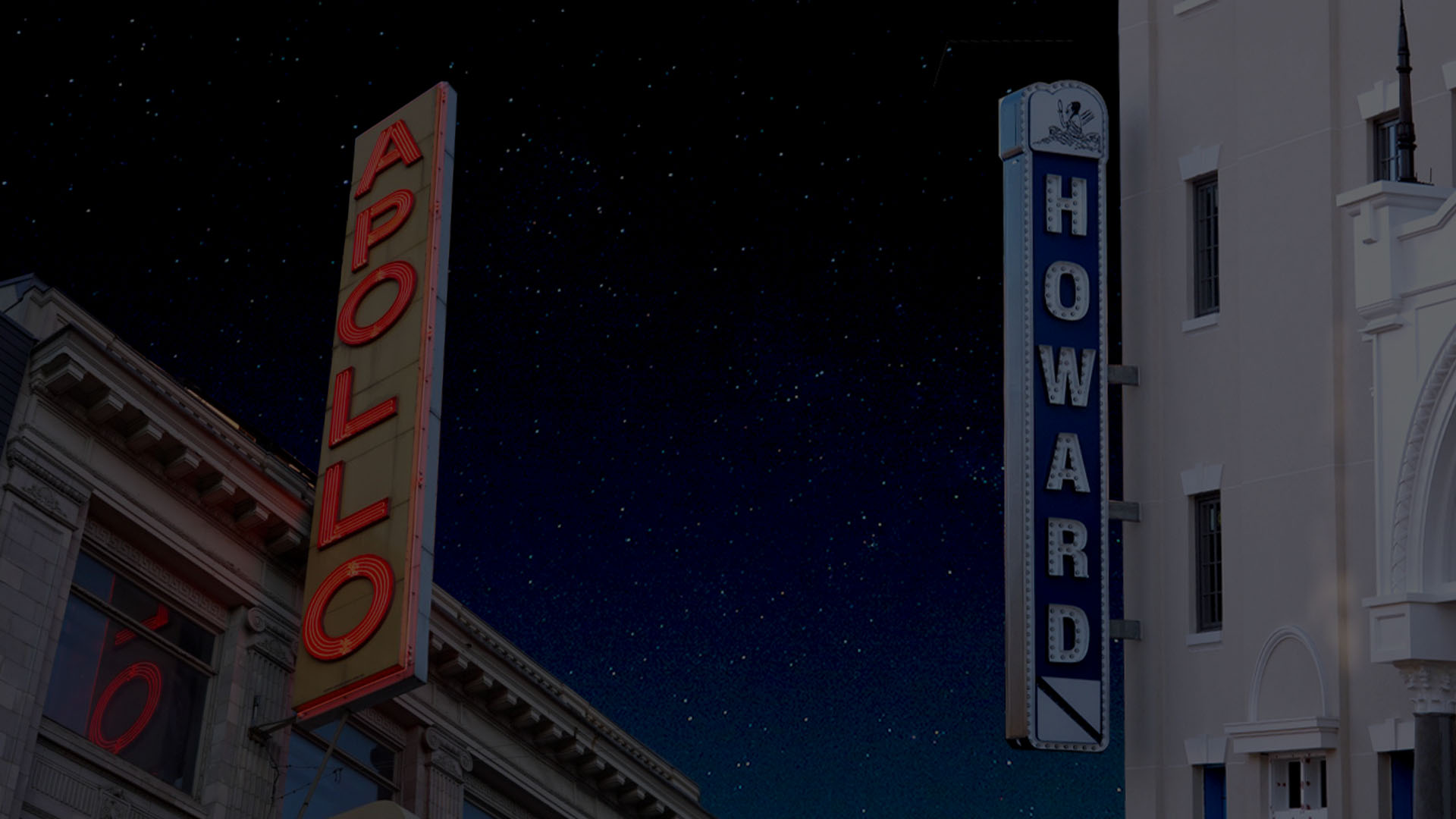 Apollo Theater and The Howard Theatre marquee signs facing each other under a night sky, representing the Best of The Apollo event