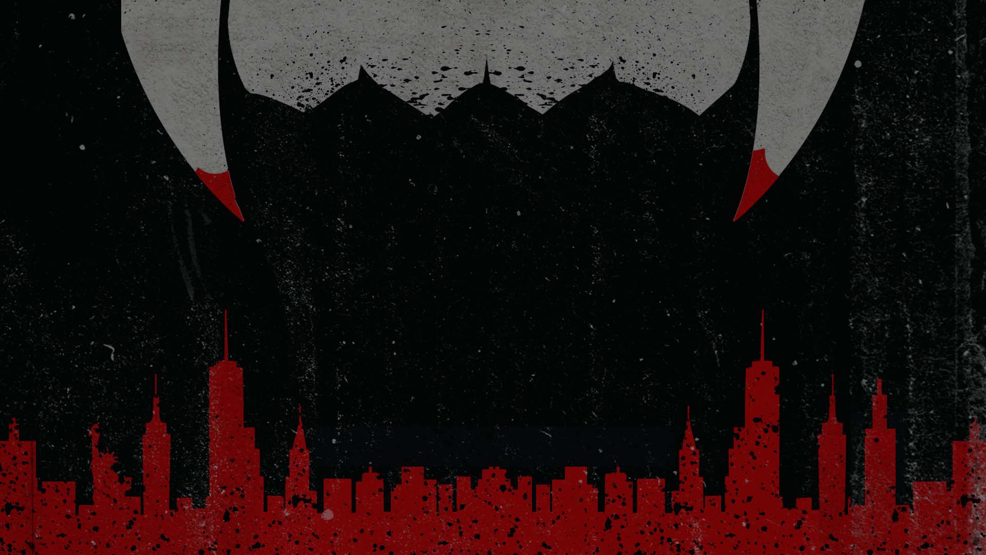 Halloween-themed artwork featuring a red New York City skyline beneath a black bat silhouette