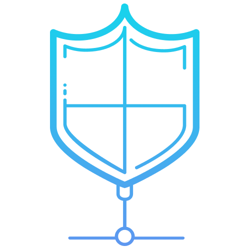 Blue gradient outline of a shield connected to a network node symbol beneath it.