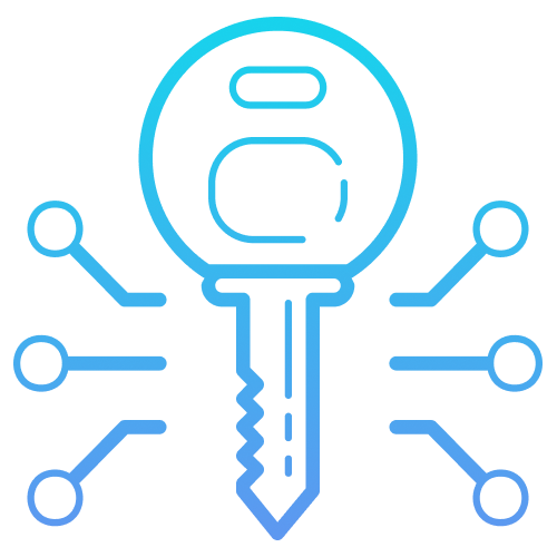 Blue gradient icon of a key with six circuit lines extending outward, symbolizing digital security.
