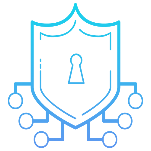Blue outline of a shield with a keyhole in the center connected to six circular nodes by lines, representing cybersecurity or data protection.