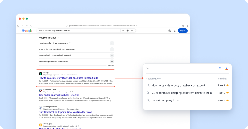 Pazago Ranks #1 for user query “how to calculate duty drawback on export