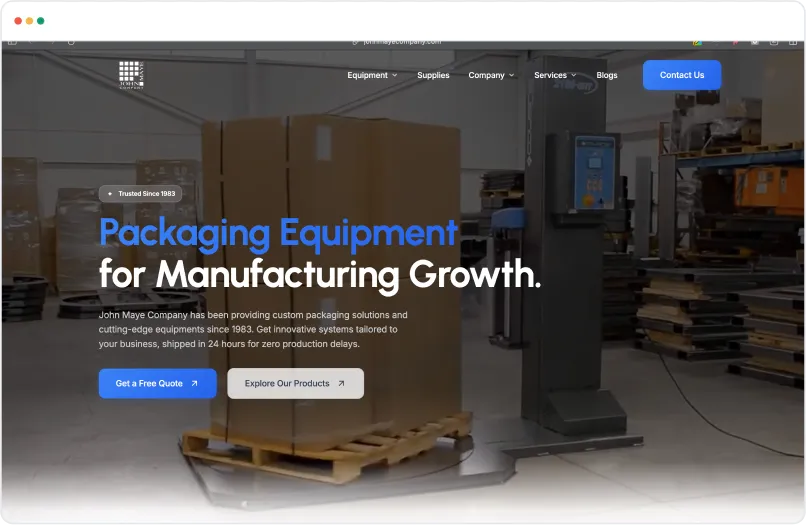 A screenshot of the new, modernized John Maye Company website homepage, designed for lead generation.