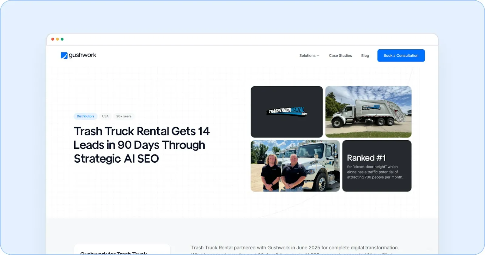 Case study showcasing how Trash Truck Rentals leveraged inbound marketing and AI-driven SEO to overcome digital invisibility, generate 14 qualified leads, and achieve top rankings.