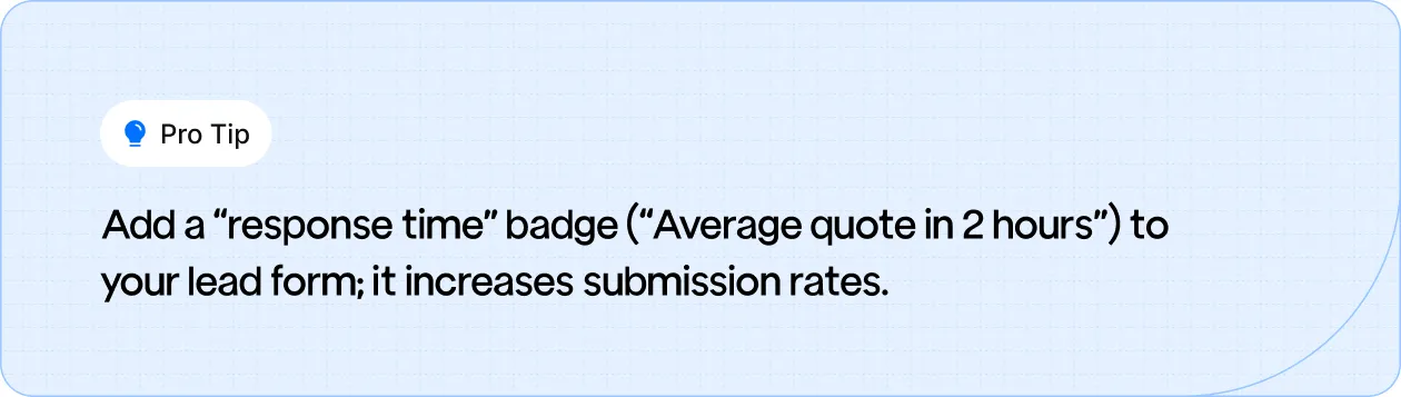 Image of a lead form with a 'response time' badge, showcasing 'Average quote in 2 hours' to encourage submissions.