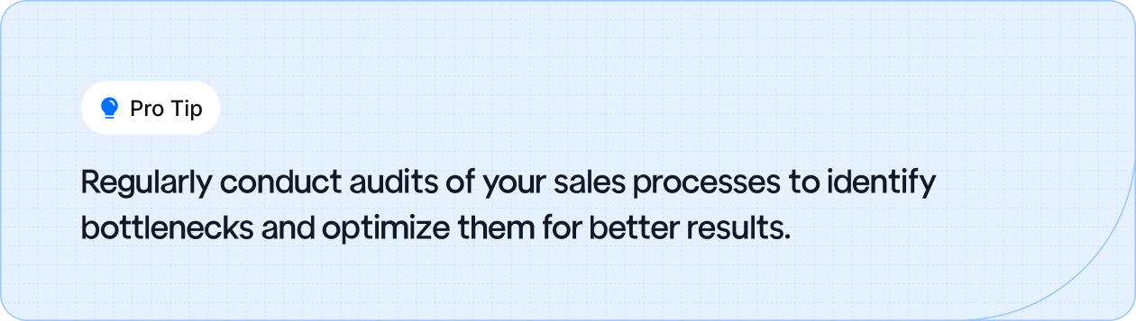 Improve sales efficiency by regularly auditing your processes to spot bottlenecks and optimize performance.