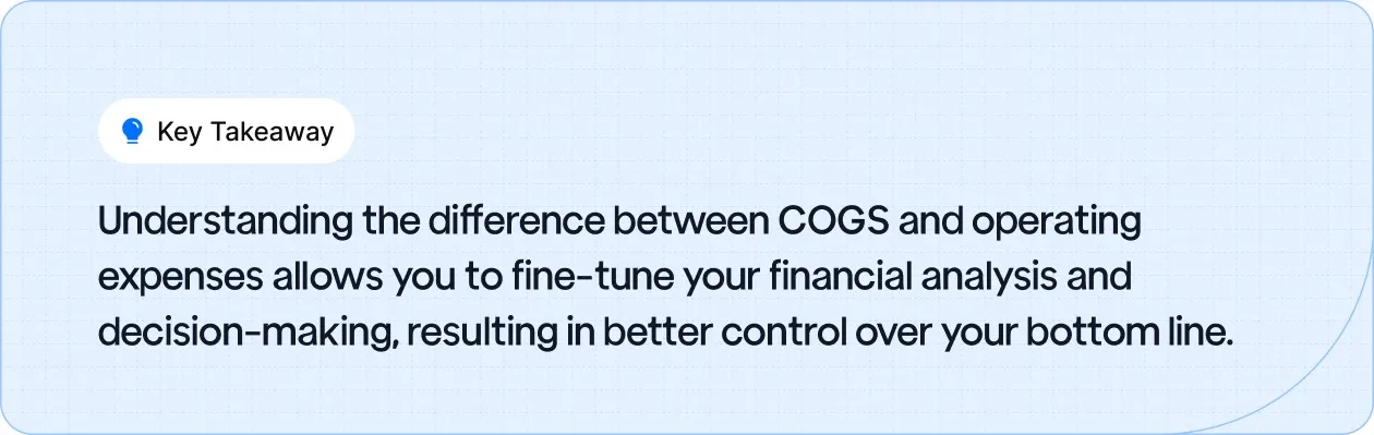 Understanding the difference between COGS and operating expenses allows you to fine-tune your financial analysis and decision-making, resulting in better control over your bottom line.