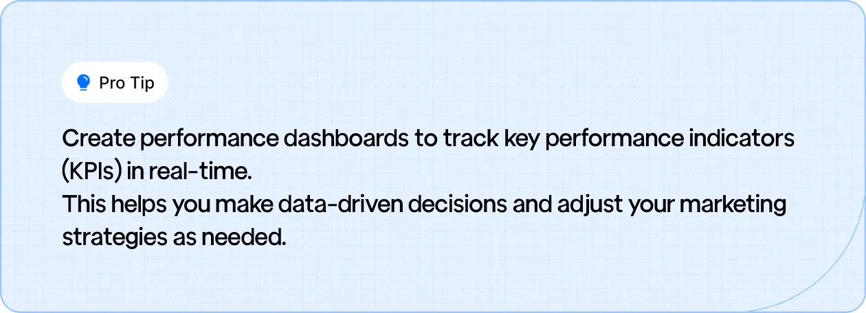Use performance dashboards to track KPIs in real-time and adjust marketing strategies based on data-driven insights.