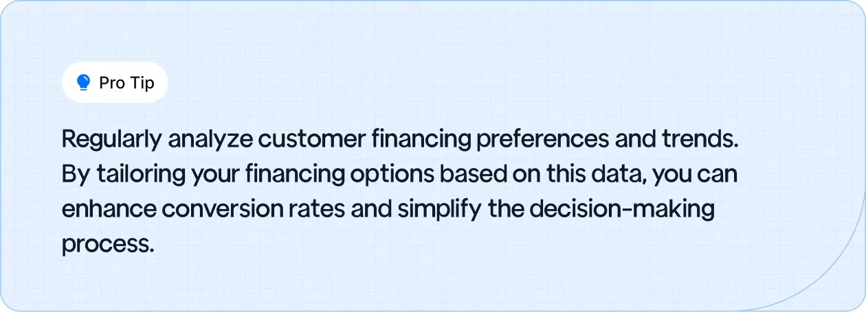 Pro Tip: Regularly analyze customer financing preferences to tailor options and enhance conversion rates, simplifying the decision-making process.