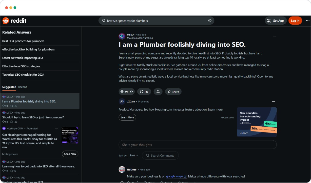 A small plumbing company owner discusses their journey into SEO in a Reddit thread, focusing on challenges such as acquiring quality backlinks and the role of local SEO in improving rankings.
