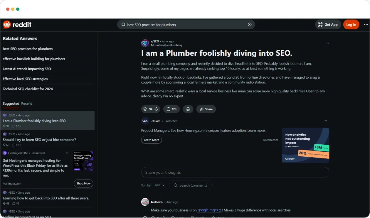 A small plumbing company owner discusses their journey into SEO in a Reddit thread, focusing on challenges such as acquiring quality backlinks and the role of local SEO in improving rankings.