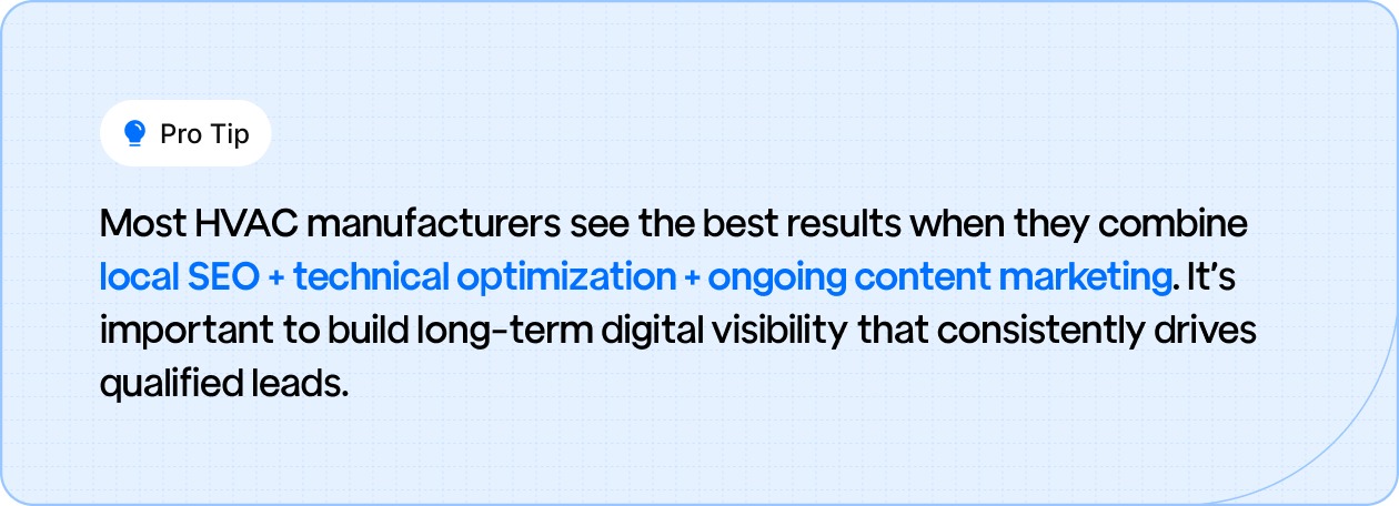 Pro tip for HVAC manufacturers: Combine local SEO, technical optimization, and consistent content marketing to build long-term digital visibility and attract qualified leads.