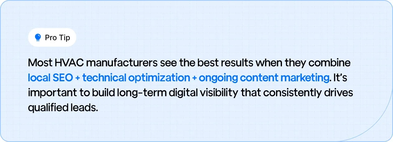 Pro tip for HVAC manufacturers: Combine local SEO, technical optimization, and consistent content marketing to build long-term digital visibility and attract qualified leads.