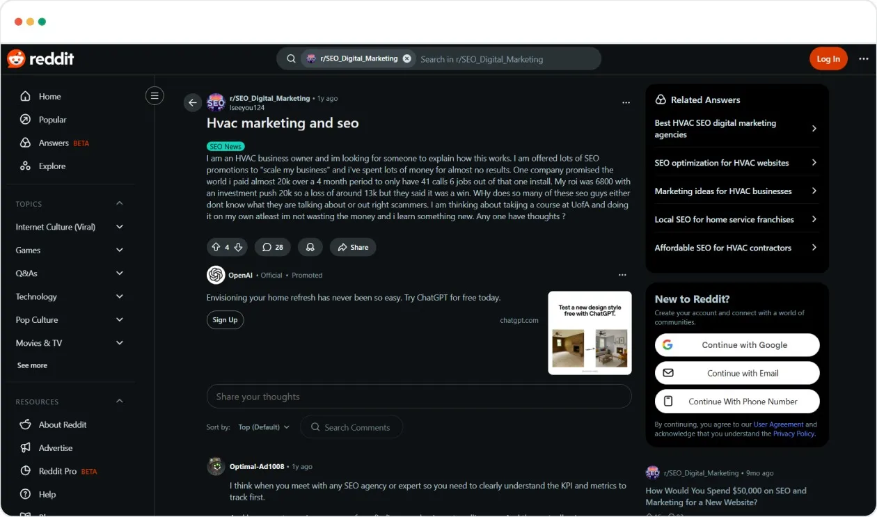 Reddit user's experience with a $20,000 SEO investment yielding disappointing results, emphasizing the need for an experienced HVAC SEO partner.