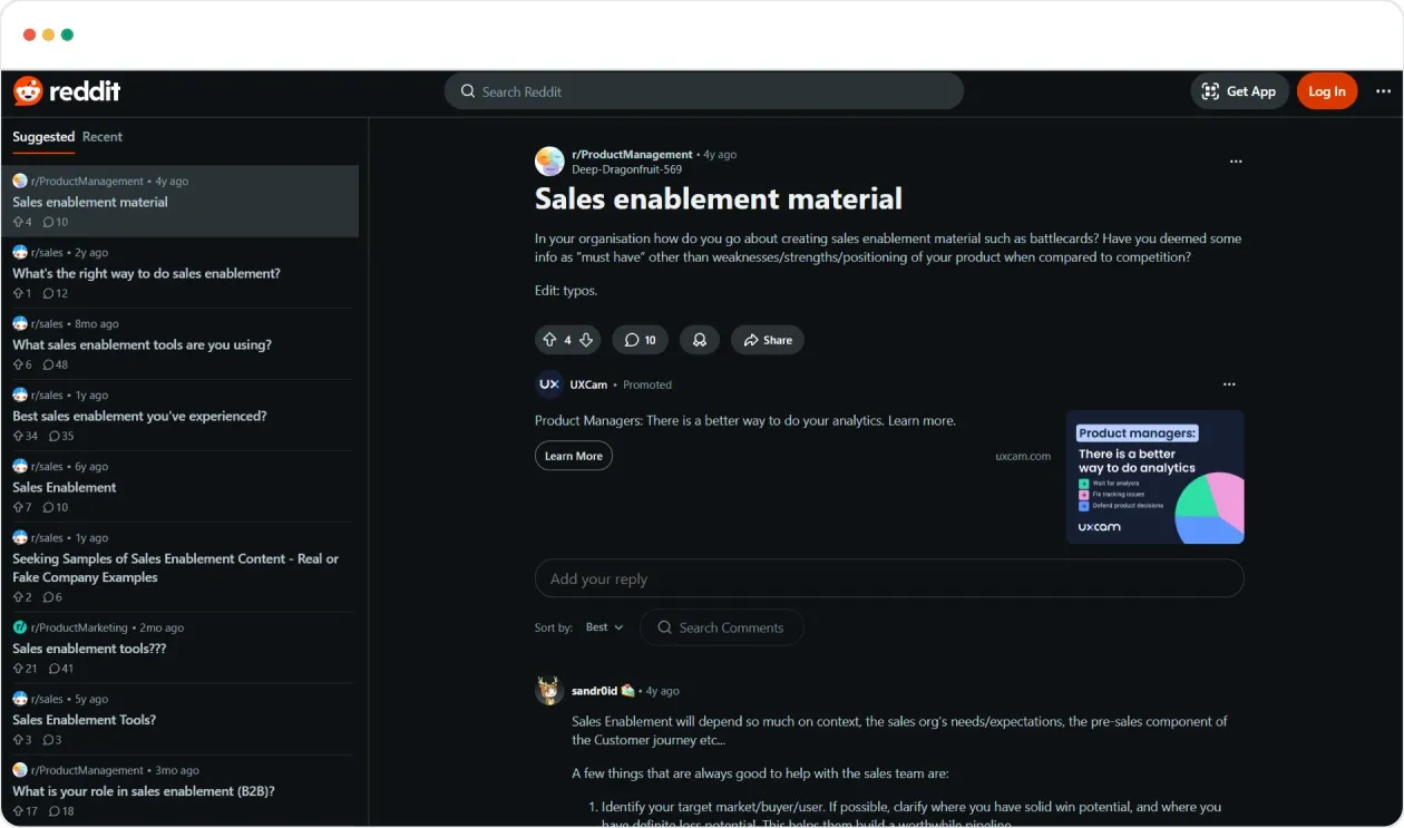 Insights from a Reddit thread on creating effective sales enablement materials, including tools and strategies that help sales teams quickly access the information they need.
