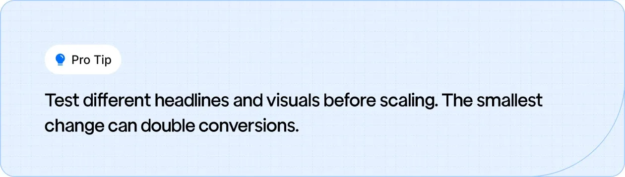 Test headlines and visuals to optimize your ads, small tweaks can double conversions.