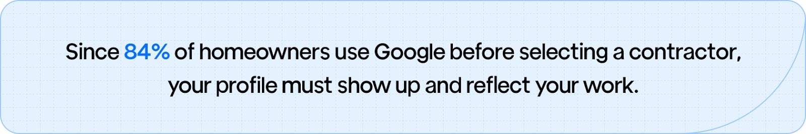 84% of homeowners use Google before choosing a contractor, highlighting the importance of an updated Google Business Profile with accurate details, photos, and reviews to attract potential clients.