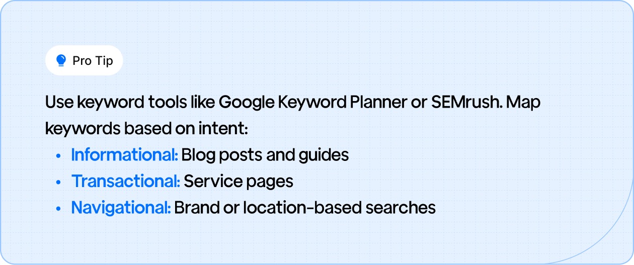 A pro tip suggesting the use of keyword tools like Google Keyword Planner or SEMrush to map keywords by user intent for better SEO targeting.